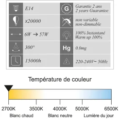 Lot de 10 ampoules LED filament E14 flamme 6W 750Lm 2700K - garantie 2 ans