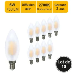Lot de 10 ampoules LED filament E14 6W (équiv. 57w) 750Lm 2700K - garantie 2 ans