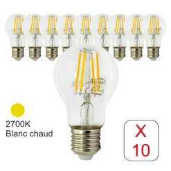 Lot de 10 ampoules LED filament E27 6W 750Lm 2700K - garantie 2 ans