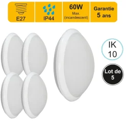 Lot de 5 appliques d'extérieur Hublot E27 rond IP44 IK10 - garantie 5 ans