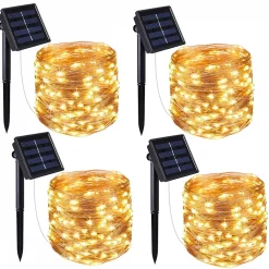 Lot de 4 guirlandes solaires extérieur lumineuses jardin, terrasse - Ampoules LED 8 modes - 32 m - Blanc chaud - Linxor