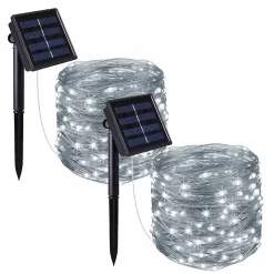 Lot de 2 guirlandes solaires extérieur lumineuses jardin, terrasse - Ampoules LED 8 modes - 12 m - Blanc froid - Linxor