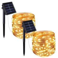 Lot de 2 guirlandes solaires extérieur lumineuses jardin, terrasse - Ampoules LED 8 modes - 22 m - Blanc chaud - Linxor