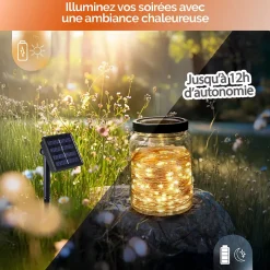 Lot de 4 guirlandes solaires extérieur lumineuses jardin, terrasse - Ampoules LED 8 modes - 12 m - Blanc chaud - Linxor