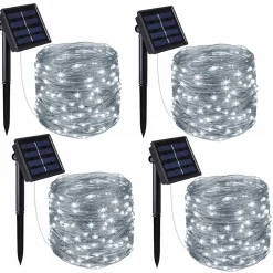 Lot de 4 guirlandes solaires extérieur lumineuses jardin, terrasse - Ampoules LED 8 modes - 12 m - Blanc froid - Linxor