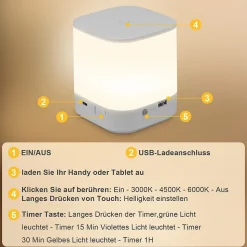 Lot de 2 lampes de table led nettlife avec batterie rechargeable de 1800 mah, variateur tactile 3000-6500 k avec 3 températures