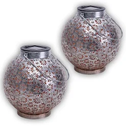 Lot de 2 lampes LED décoratives solaires D: 18 cm Décoration extérieure en métal argenté avec LED intégrées