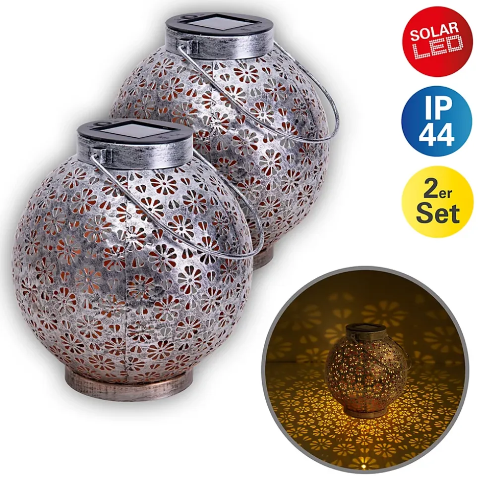 Lot de 2 lampes LED décoratives solaires D: 18 cm Décoration extérieure en métal argenté avec LED intégrées