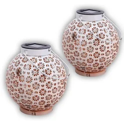 Lot de 2 lampes solaires décoratives à LED D: 18 cm Décoration extérieure en métal blanc avec LED intégrées