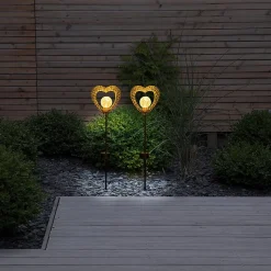 Lot de 2 lampes solaires LED cœur avec piquet de terre jardin terrasse métal noir or hauteur 59cm