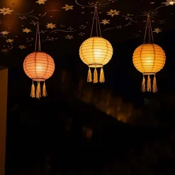 Lot de 3 lampions solaires - LUMISKY - SHANGRI LA - H20 cm - Rose, creme et orange - LED blanc chaud