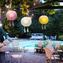 Lot de 3 lampions solaires - LUMISKY - SHANGRI LA - H20 cm - Rose, creme et orange - LED blanc chaud