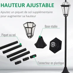 Lot de 2 luminaires extérieurs solaires lampadaires lanternes classiques LED 15 Lm dia. 18,5 x 129H cm noir
