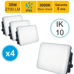 Lot de 4 projecteurs LED 30W/IP65/IK10/2700lm/3000K connexion directe - sans câble - garantie 5 ans