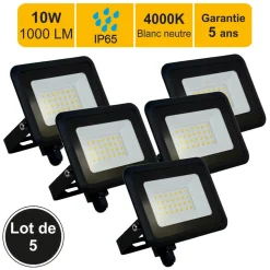 Lot de 5 projecteurs LED 10W/IP65/1000lm/4000K connexion directe - sans câble - garantie 5 ans