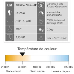Lot de 5 projecteurs LED 10W /IP65/1000lm/3000K connexion directe - sans câble - garantie 5 ans