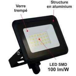 Lot de 5 projecteurs LED 20W/IP65/IK10/1800lm/3000K connexion directe - sans câble - garantie 5 ans