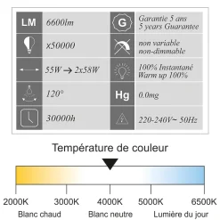 Lot de 12 réglettes LED étanche 1500mm 55W 6600 LM 4000K IP65 - interconnectable - garantie 5 ans