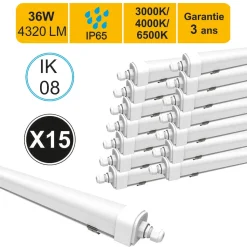 Lot de 15 réglettes LED étanche IP65 36W 4320lm - 3CCT - traversant - garantie 3 ans