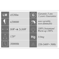 Lot de 15 réglettes LED étanche IP65 36W 4320lm - 3CCT - traversant - garantie 3 ans
