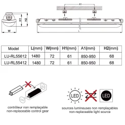 Lot de 12 réglettes LED étanche 1500mm 55W 6600 LM 6500K IP65 - traversant - garantie 5 ans