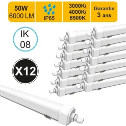 Lot de 12 réglettes LED étanche IP65 50W 6000lm - 3CCT - traversant - garantie 3 ans