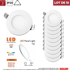 Lot de 10 Spot Encastrable Led Downlight Panel Extra plat 5w Blanc Chaud 3000k