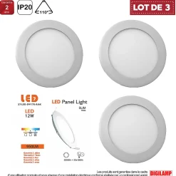 Lot de 3 Spot Encastrable Led Downlight Panel Extra plat 12w Blanc Froid 6000k, Diamètre : 168mm