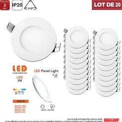 Lot de 20 Spot Encastrable Led Downlight Panel Extra plat 5w Blanc Chaud 3000k
