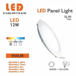 Lot de 10 Spot Encastrable Led Downlight Panel Extra plat 12w Blanc Chaud 3000k, Diamètre : 168mm