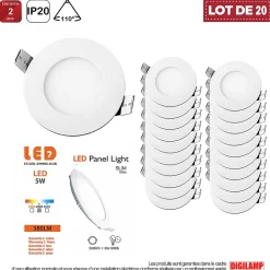Lot de 20 Spot Encastrable Led Downlight Panel Extra plat 5w Blanc Neutre 4000k