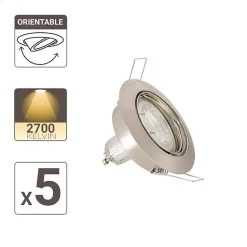 Lot de 5 Spots Encastrés Metal brossé - ORIENTABLE - Ampoule LED GU10 incluses - cons. 5W (eq. 50W) - 345 lumens - Blanc chaud