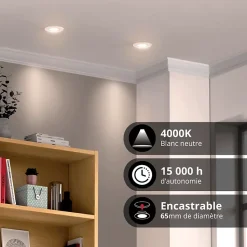 Lot de 5 Spots Encastrés Metal Blanc - Orientables - Ampoules LED GU10 incluses - cons. 4W (eq. 50W) - 345 lumens - Blanc neutre