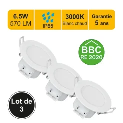 Lot de 3 spots LED encastrable BBC (RT2012/RE2020) IP65 - spécial salle de bain - 6.5W 570 LM 3000K - garantie 5 ans