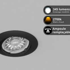 Lot de 5 spots noirs encastrables LED avec ampoules incluses, culot GU10, 345 Lumens, équivalence 50 W, 2700K, Blanc chaud