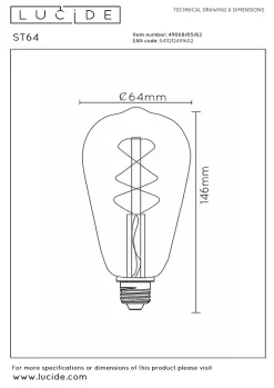 Lucide ST64 - Ampoule filament - 6,4 cm - LED Dim. - E27 - 1x5W 2700K - Ambre