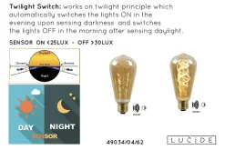 Lucide ST64 TWILIGHT SENSOR - Ampoule filament - 6,4 cm - LED - E27 - 1x4W 2200K - Détecteur Jour/Nuit - Ambre