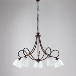 Lustre Dallas noir, effet rouille et or antique, verre albâtre d.13, 5 lumières design rétro chaleureux