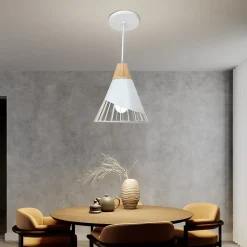 Lustre de Plafond Forme Bdminton : Métal Blanc et Bois de Style Nordique, pour Salle à Manger, Salon, Bureau, Restaurant