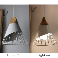 Lustre de Plafond Forme Bdminton : Métal Blanc et Bois de Style Nordique, pour Salle à Manger, Salon, Bureau, Restaurant