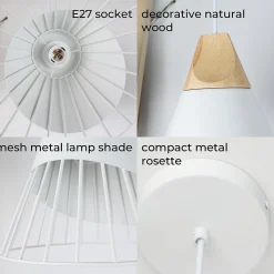 Lustre de Plafond Forme Bdminton : Métal Blanc et Bois de Style Nordique, pour Salle à Manger, Salon, Bureau, Restaurant