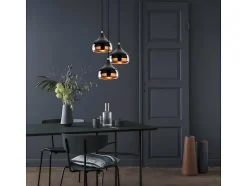 Lustre en métal à hauteur réglable - 3 abat-jours - D. 37 x H. 25/111 cm - Noir et cuivré - YILDO