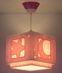 Lustre et lampe suspension enfant Moonlight lune et étoiles rose