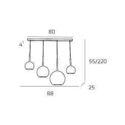 Lustre moderne 4 lumières suspension verre doré Future - Douille E27 max 60W - Structure chromée 88x25x220cm