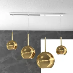 Lustre moderne 4 lumières suspension verre doré Future - Douille E27 max 60W - Structure chromée 88x25x220cm