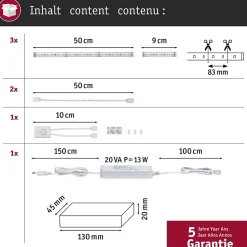 MaxLED 500 Strip LED Kit de base Kit de cuisine 3x 1,8m revêtue 3x3,1W / 3x0,6W 172lm/m 2700K 20VA