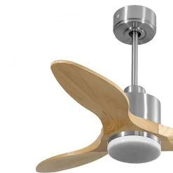 Modulo Slim - Super destratificateur et ventilateur DC 106 cm chrome avec lumière pales bois clair idéal 10 à 20 m²