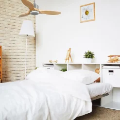 Modulo Slim - Super destratificateur et ventilateur DC 106 cm chrome avec lumière pales bois clair idéal 10 à 20 m²