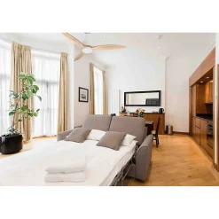 Modulo slim - Super destratificateur et ventilateur DC 132 cm Blanc pales bois clair avec Lumière 25 à 35 m²