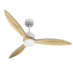 Modulo slim - Super destratificateur et ventilateur DC 132 cm Blanc pales bois clair avec Lumière 25 à 35 m²